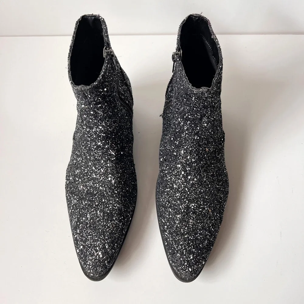 Glitter Chelsea Ankle Boots Sparkly Pointed Toe Rocker Glam Black Silver 9 Women